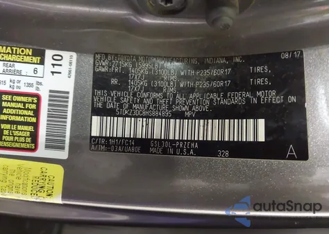 2017 Toyota Sienna Le 8 Passenger из США, поврежденный, VIN 5TDKZ3DC8HS884895